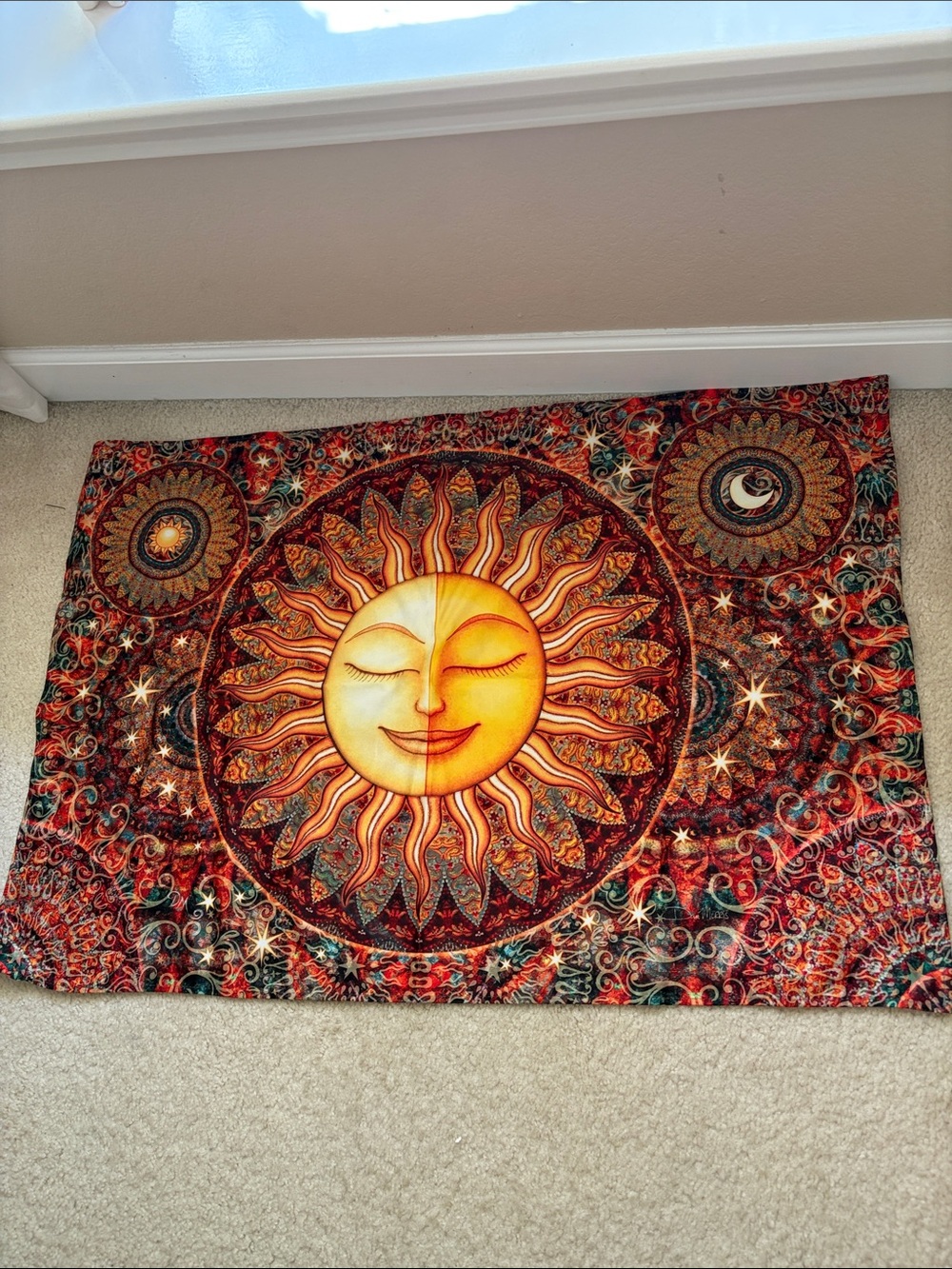 Sun & Moon Mandala wall decor in Bold Orange and Red, feels like velvet